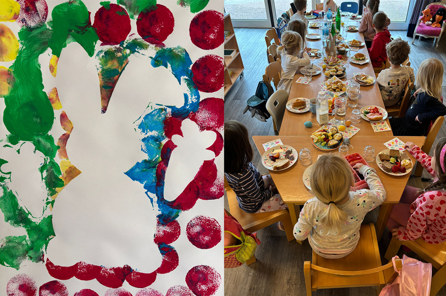Der Kindergarten An der Windmuehle wünscht allen frohe Ostern. Bild mit Kinderzeichnung und Blick auf einen Frühstückstisch