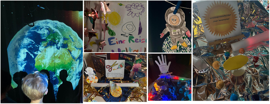 Bilder von der Reise ins Weltall mit Kindergartenkindern und ihren Werken